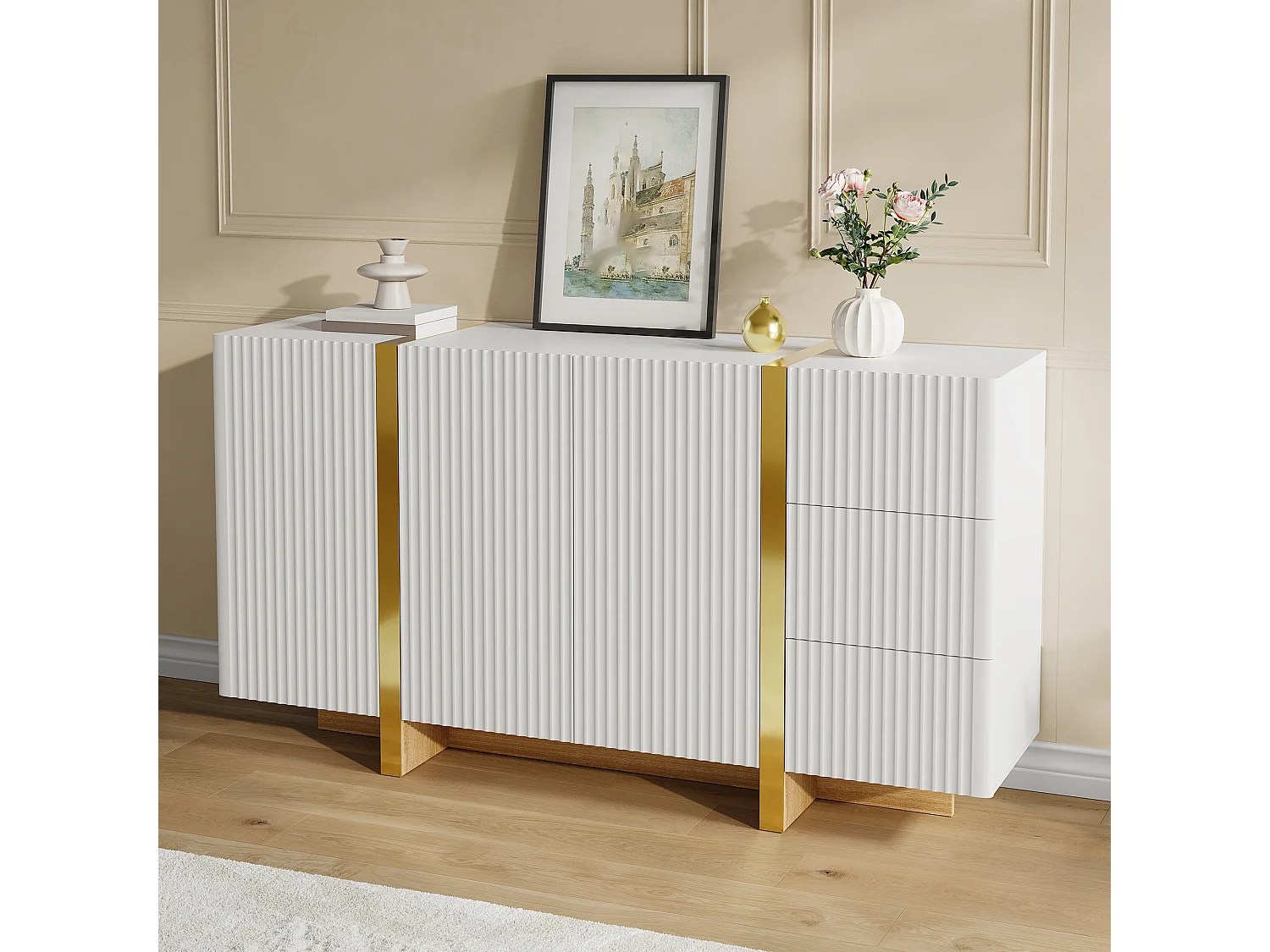 Buffet moderne 140x36x75 cm - 3 portes battantes et 3 tiroirs - Finitions dorées - MDF - Blanc