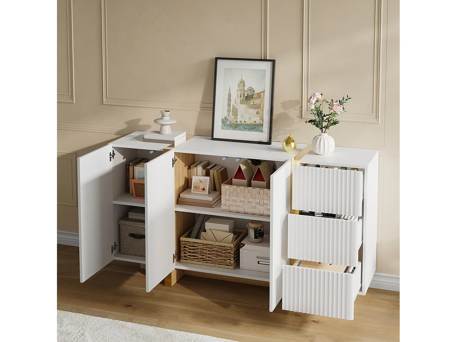 Buffet moderne 140x36x75 cm - 3 portes battantes et 3 tiroirs - Finitions dorées - MDF - Blanc