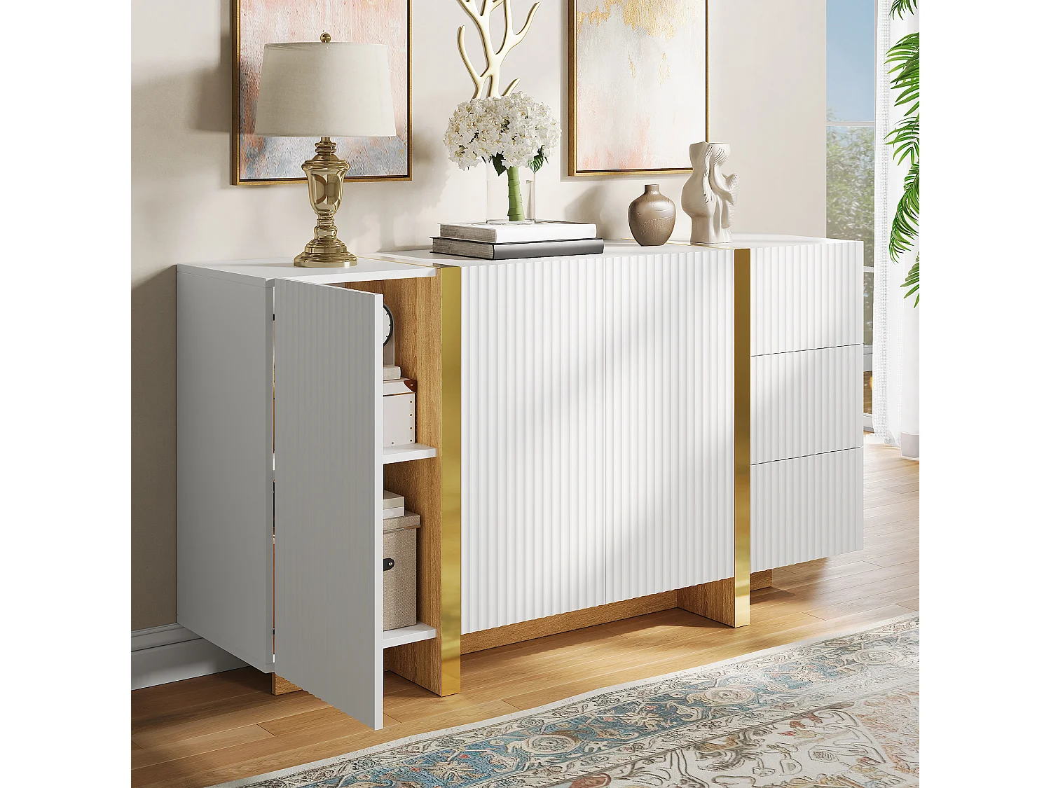 Buffet moderne 140x36x75 cm - 3 portes battantes et 3 tiroirs - Finitions dorées - MDF - Blanc