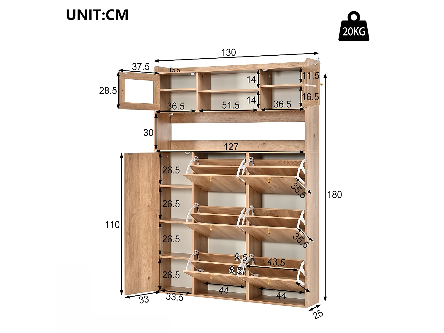 Meuble à chaussures moderne 130x25x180cm - avec éclairage LED - avec 6 portes abattantes - compartiment de rangement - Naturel
