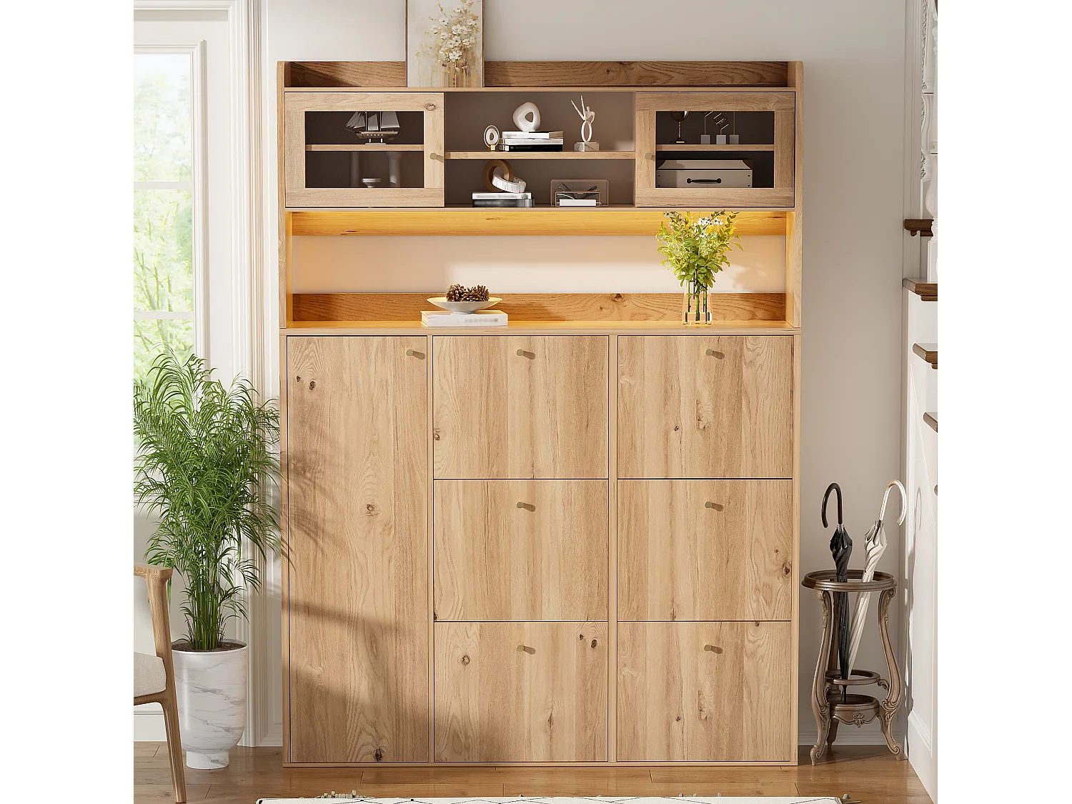 Meuble à chaussures moderne 130x25x180cm - avec éclairage LED - avec 6 portes abattantes - compartiment de rangement - Naturel