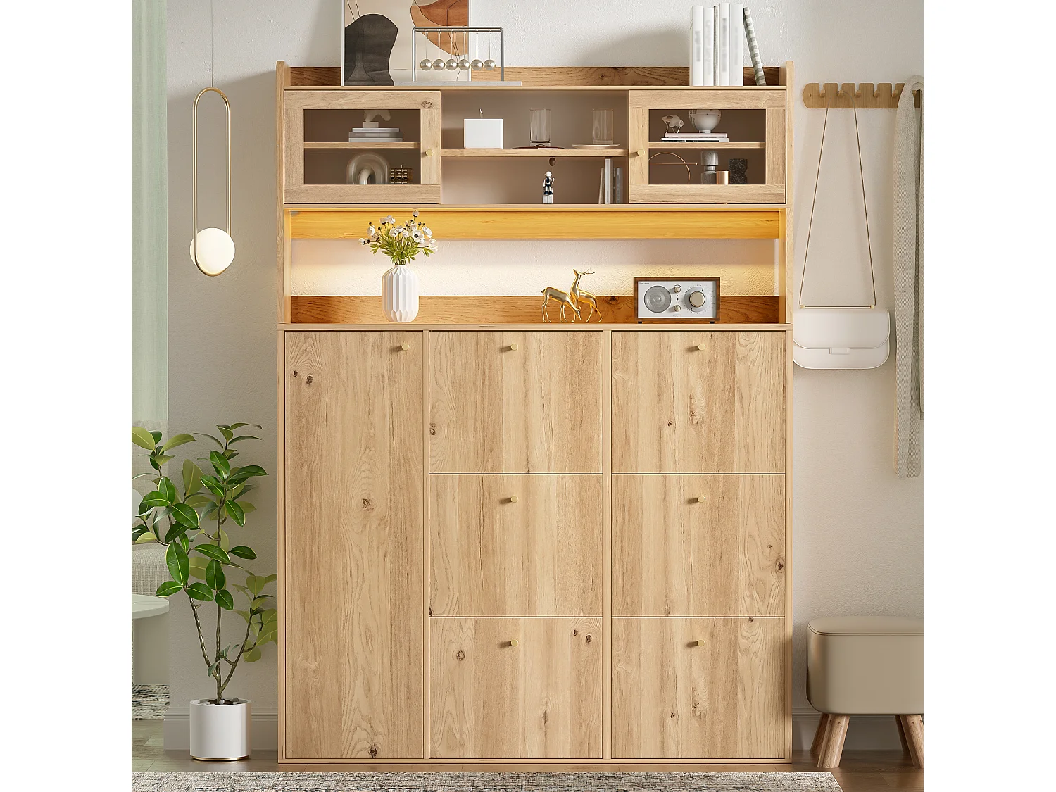 Meuble à chaussures moderne 130x25x180cm - avec éclairage LED - avec 6 portes abattantes - compartiment de rangement - Naturel