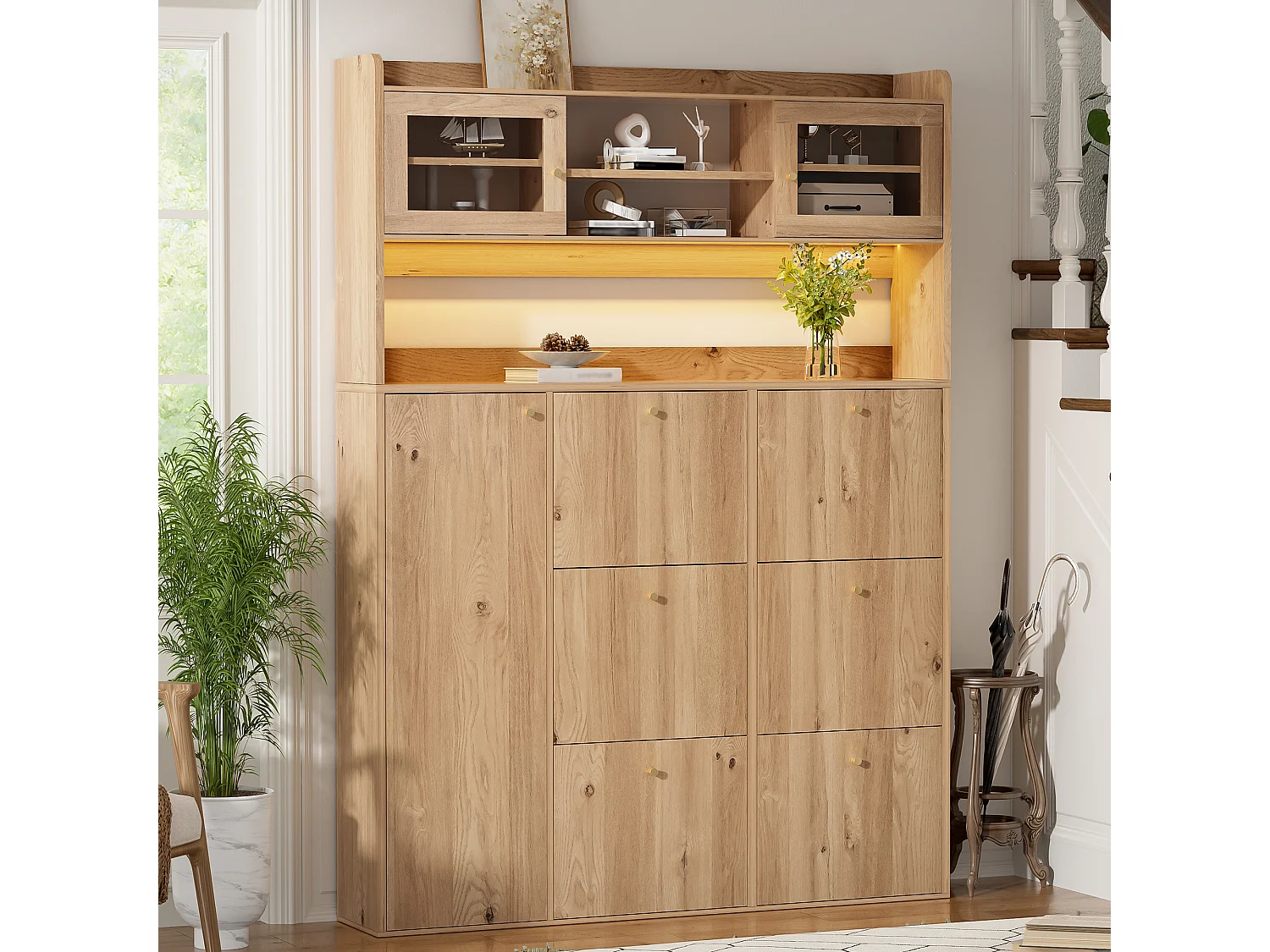 Meuble à chaussures moderne 130x25x180cm - avec éclairage LED - avec 6 portes abattantes - compartiment de rangement - Naturel