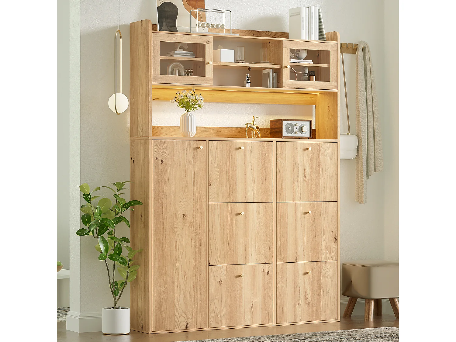 Meuble à chaussures moderne 130x25x180cm - avec éclairage LED - avec 6 portes abattantes - compartiment de rangement - Naturel