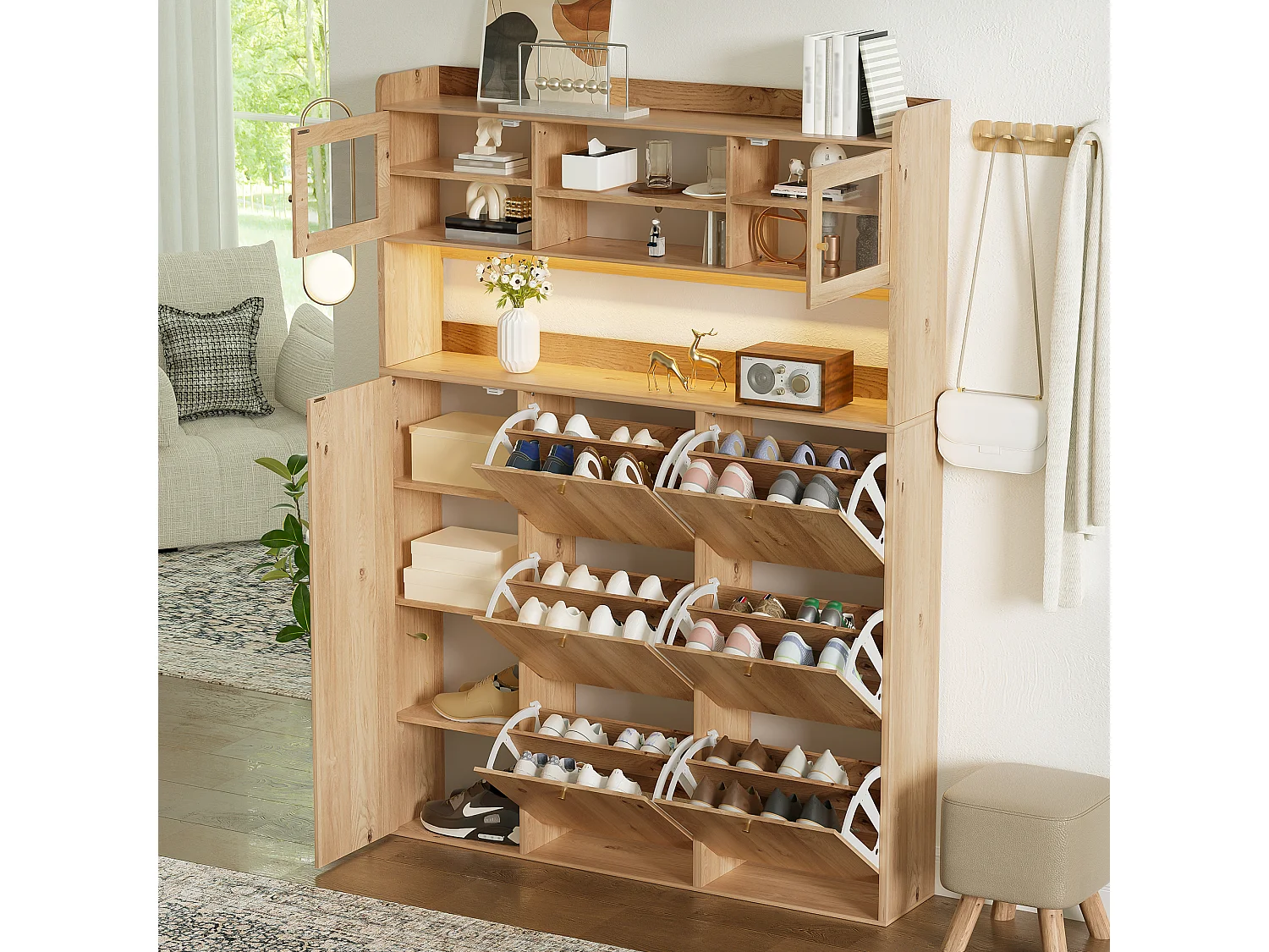 Meuble à chaussures moderne 130x25x180cm - avec éclairage LED - avec 6 portes abattantes - compartiment de rangement - Naturel