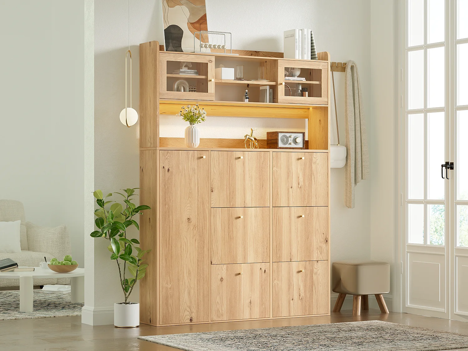 Meuble à chaussures moderne 130x25x180cm - avec éclairage LED - avec 6 portes abattantes - compartiment de rangement - Naturel