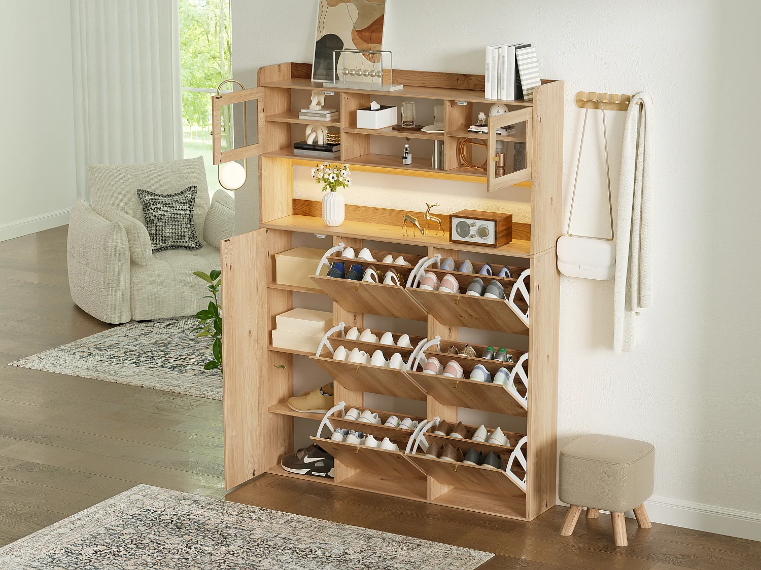 Meuble à chaussures moderne 130x25x180cm - avec éclairage LED - avec 6 portes abattantes - compartiment de rangement - Naturel