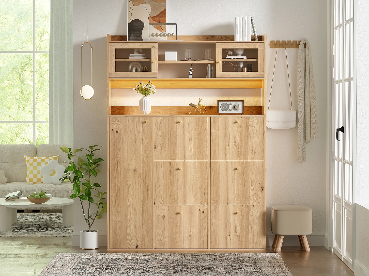 Meuble à chaussures moderne 130x25x180cm - avec éclairage LED - avec 6 portes abattantes - compartiment de rangement - Naturel