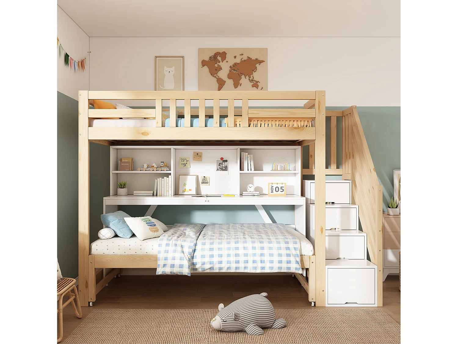Lit superposé 90x200cm + 90x190cm - avec lit gigogne et roulettes - bureau mobile - escalier de rangement - Bois massif + MDF - Blanc+Naturel (sans matelas)