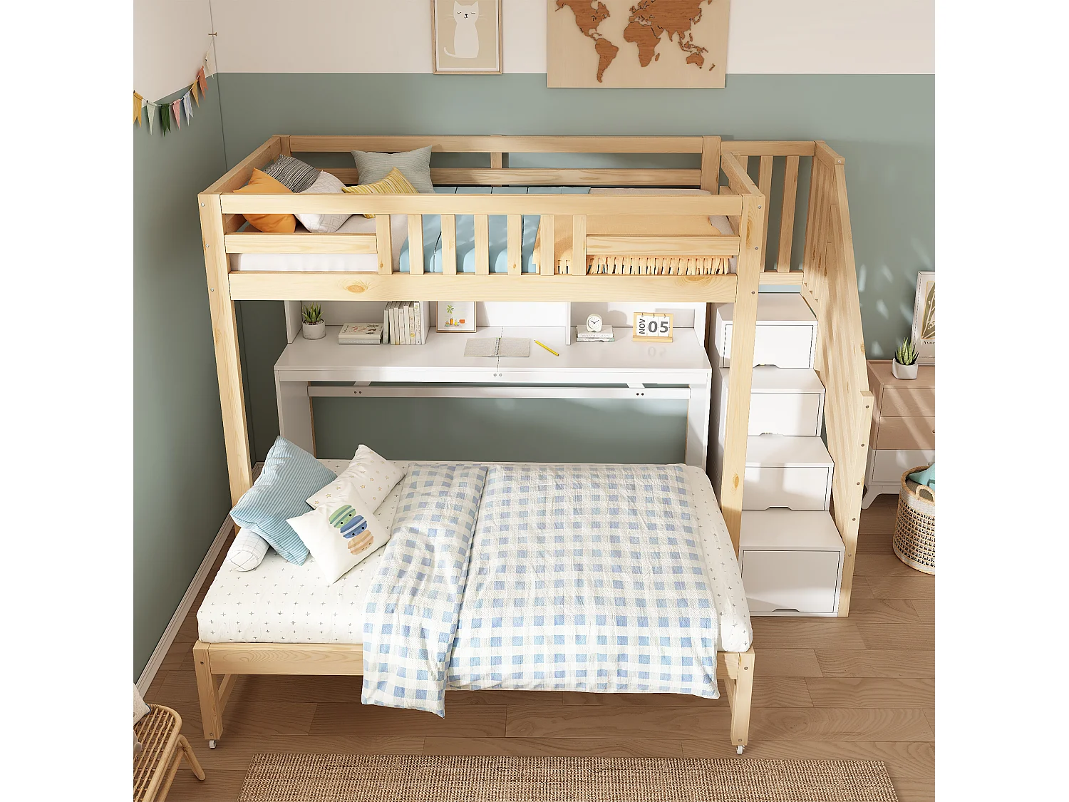 Lit superposé 90x200cm + 90x190cm - avec lit gigogne et roulettes - bureau mobile - escalier de rangement - Bois massif + MDF - Blanc+Naturel (sans matelas)