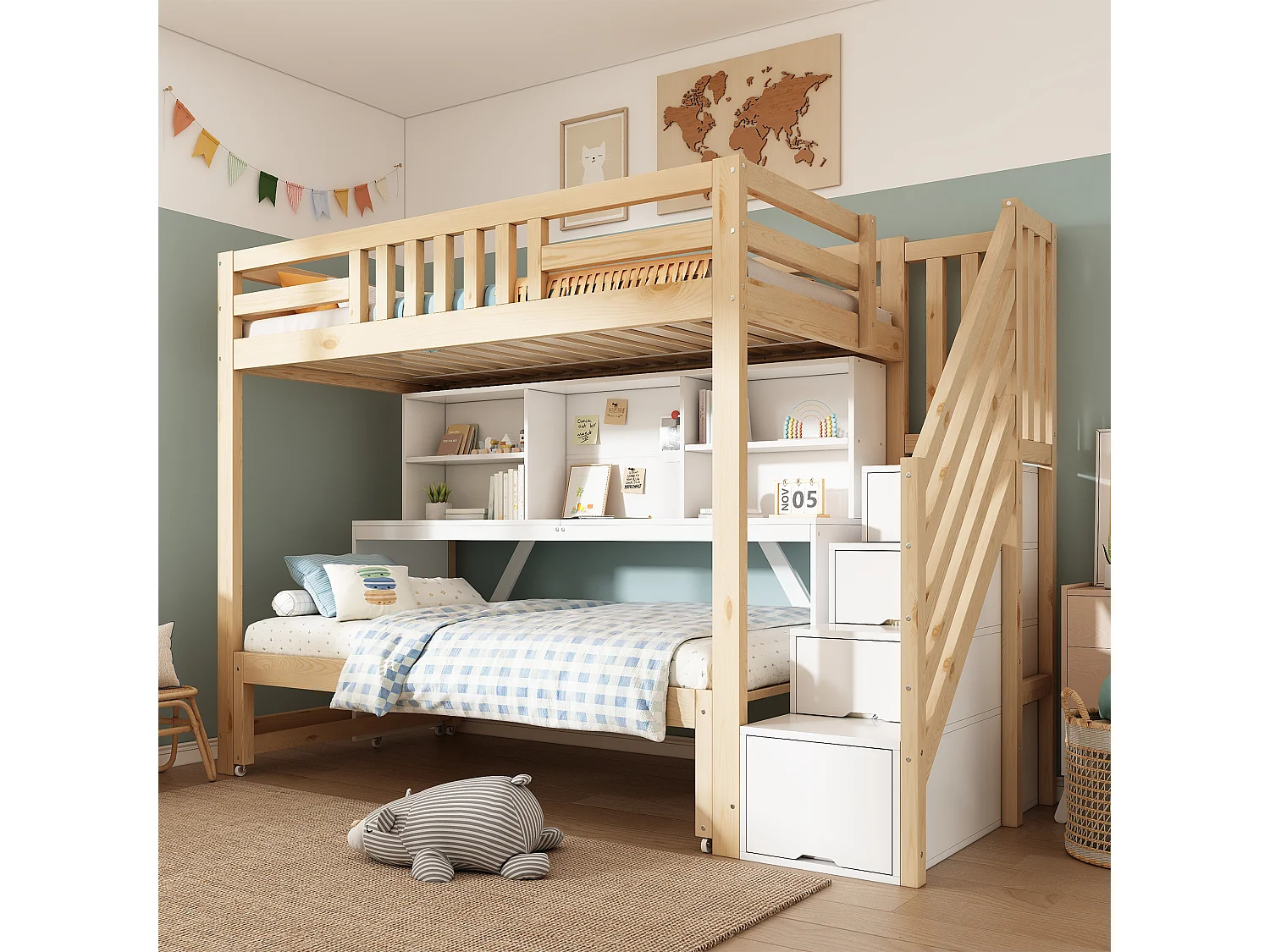 Lit superposé 90x200cm + 90x190cm - avec lit gigogne et roulettes - bureau mobile - escalier de rangement - Bois massif + MDF - Blanc+Naturel (sans matelas)