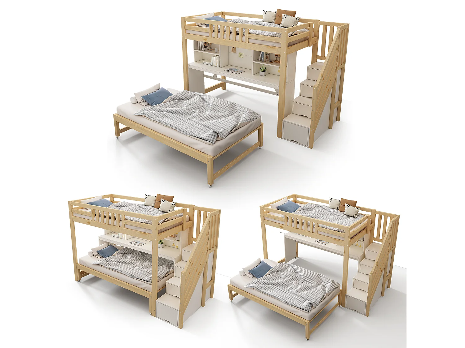 Lit superposé 90x200cm + 90x190cm - avec lit gigogne et roulettes - bureau mobile - escalier de rangement - Bois massif + MDF - Blanc+Naturel (sans matelas)