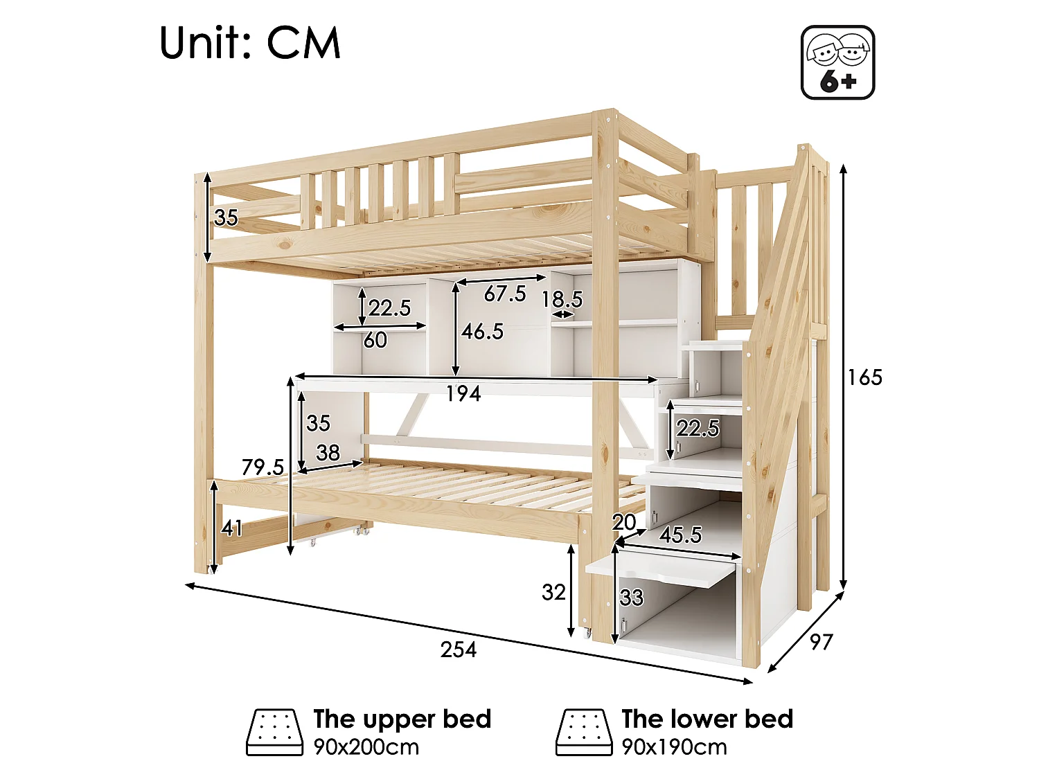 Lit superposé 90x200cm + 90x190cm - avec lit gigogne et roulettes - bureau mobile - escalier de rangement - Bois massif + MDF - Blanc+Naturel (sans matelas)