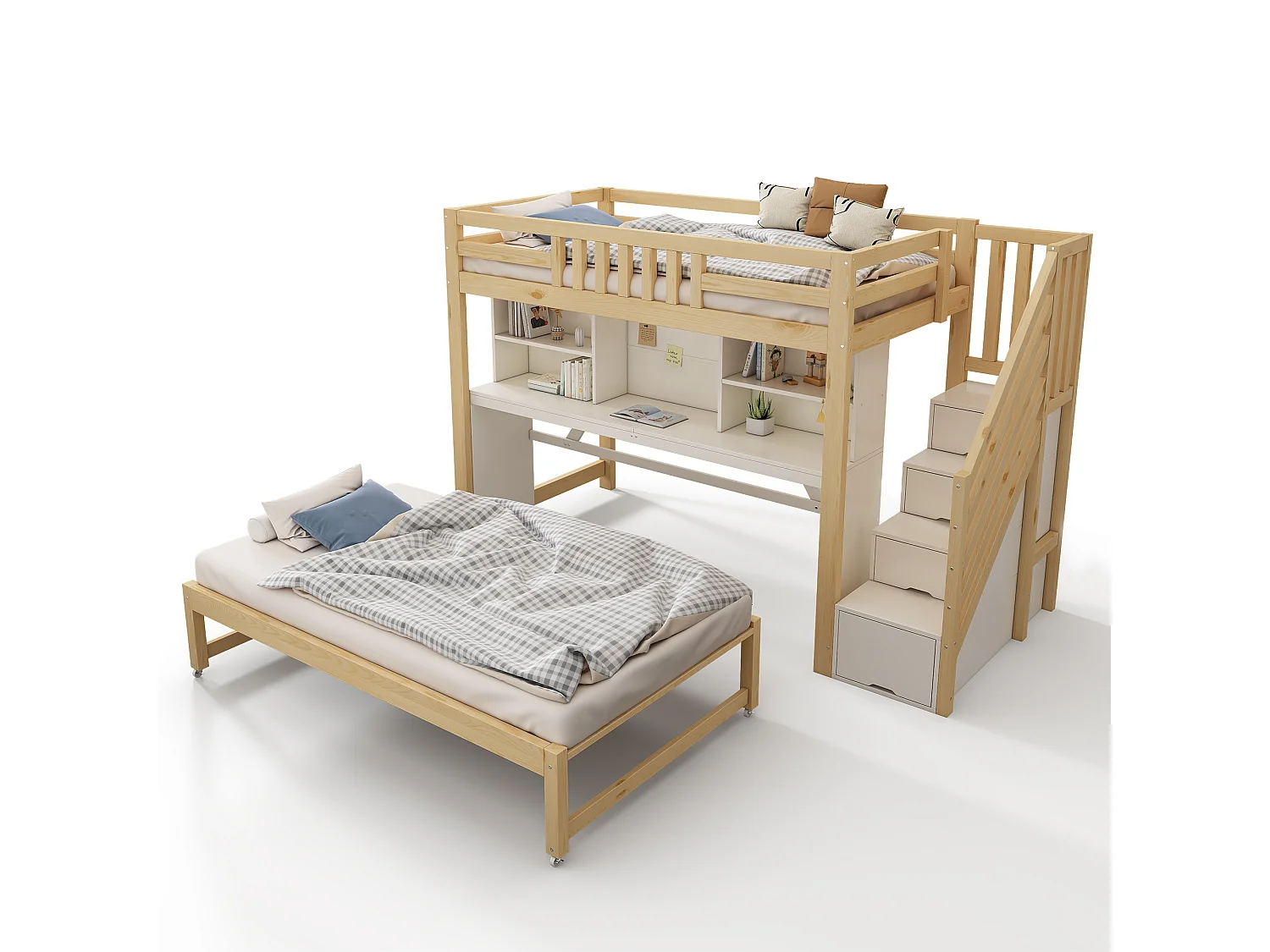 Lit superposé 90x200cm + 90x190cm - avec lit gigogne et roulettes - bureau mobile - escalier de rangement - Bois massif + MDF - Blanc+Naturel (sans matelas)