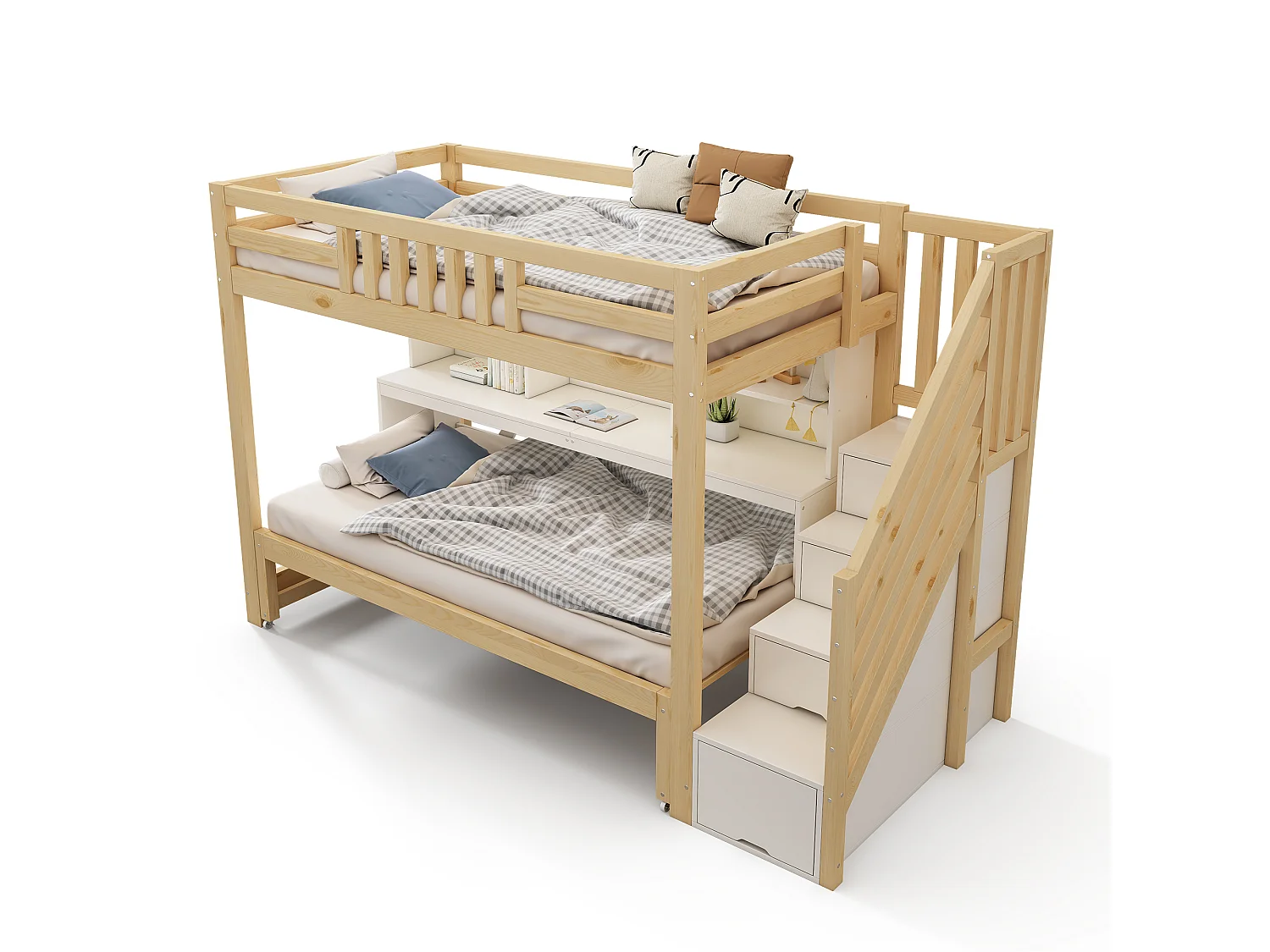 Lit superposé 90x200cm + 90x190cm - avec lit gigogne et roulettes - bureau mobile - escalier de rangement - Bois massif + MDF - Blanc+Naturel (sans matelas)