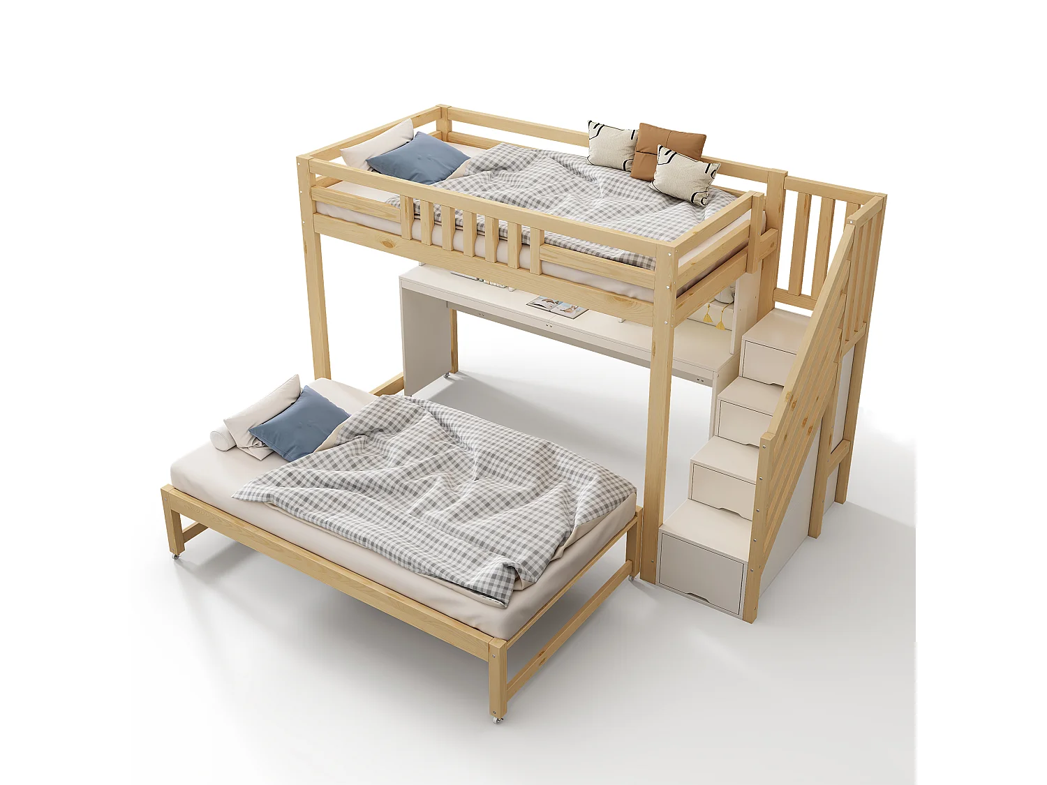 Lit superposé 90x200cm + 90x190cm - avec lit gigogne et roulettes - bureau mobile - escalier de rangement - Bois massif + MDF - Blanc+Naturel (sans matelas)