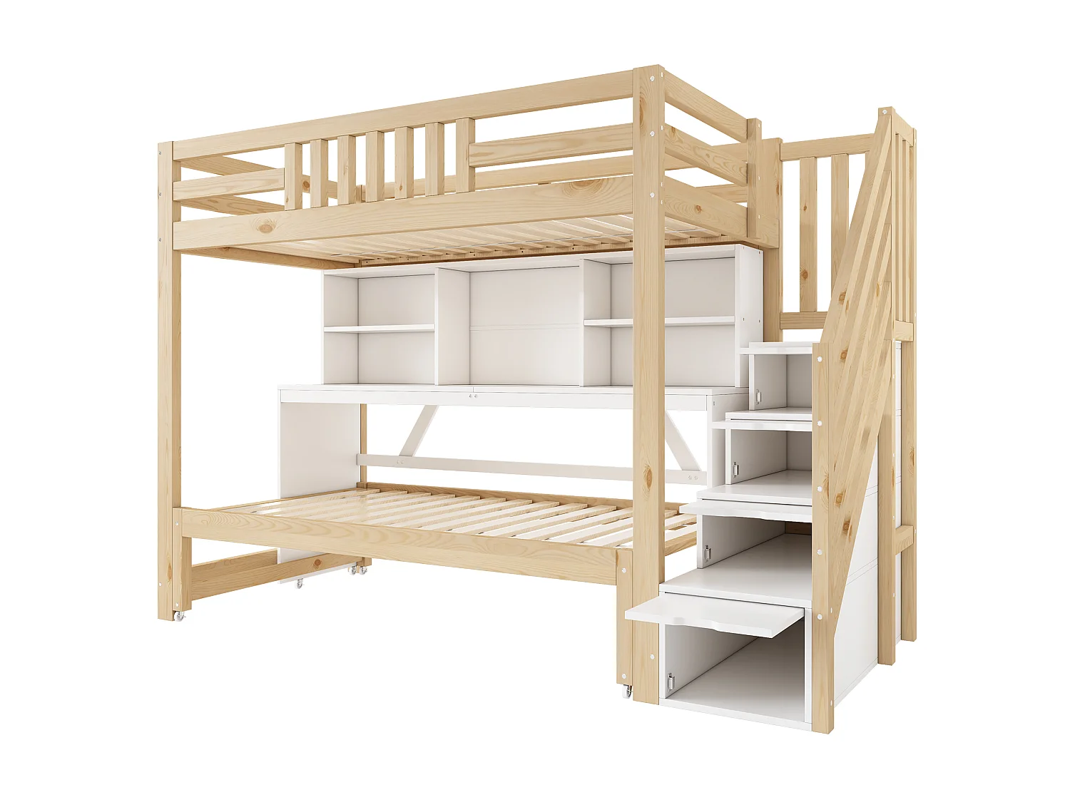 Lit superposé 90x200cm + 90x190cm - avec lit gigogne et roulettes - bureau mobile - escalier de rangement - Bois massif + MDF - Blanc+Naturel (sans matelas)