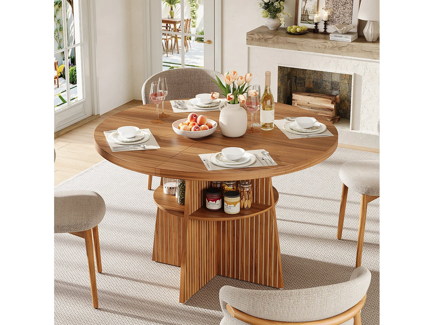 Mesa de Comedor Redonda Extensible 110-150x110x77.5cm - Mesa de Cocina para 2-8 Personas con Tablero Ovalado Deslizante & Estante Inferior - Nogal