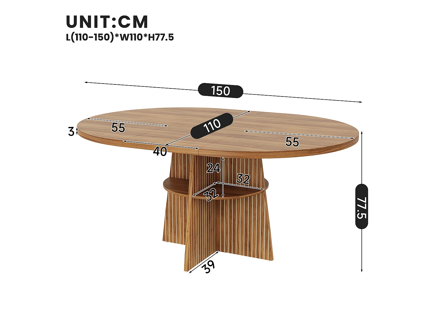 Mesa de Comedor Redonda Extensible 110-150x110x77.5cm - Mesa de Cocina para 2-8 Personas con Tablero Ovalado Deslizante & Estante Inferior - Nogal