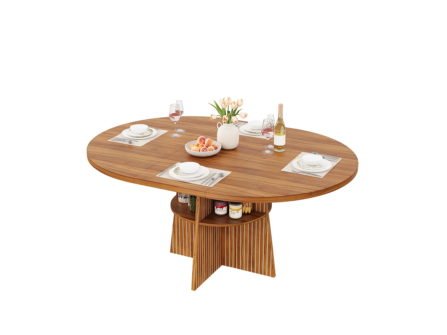 Mesa de Comedor Redonda Extensible 110-150x110x77.5cm - Mesa de Cocina para 2-8 Personas con Tablero Ovalado Deslizante & Estante Inferior - Nogal
