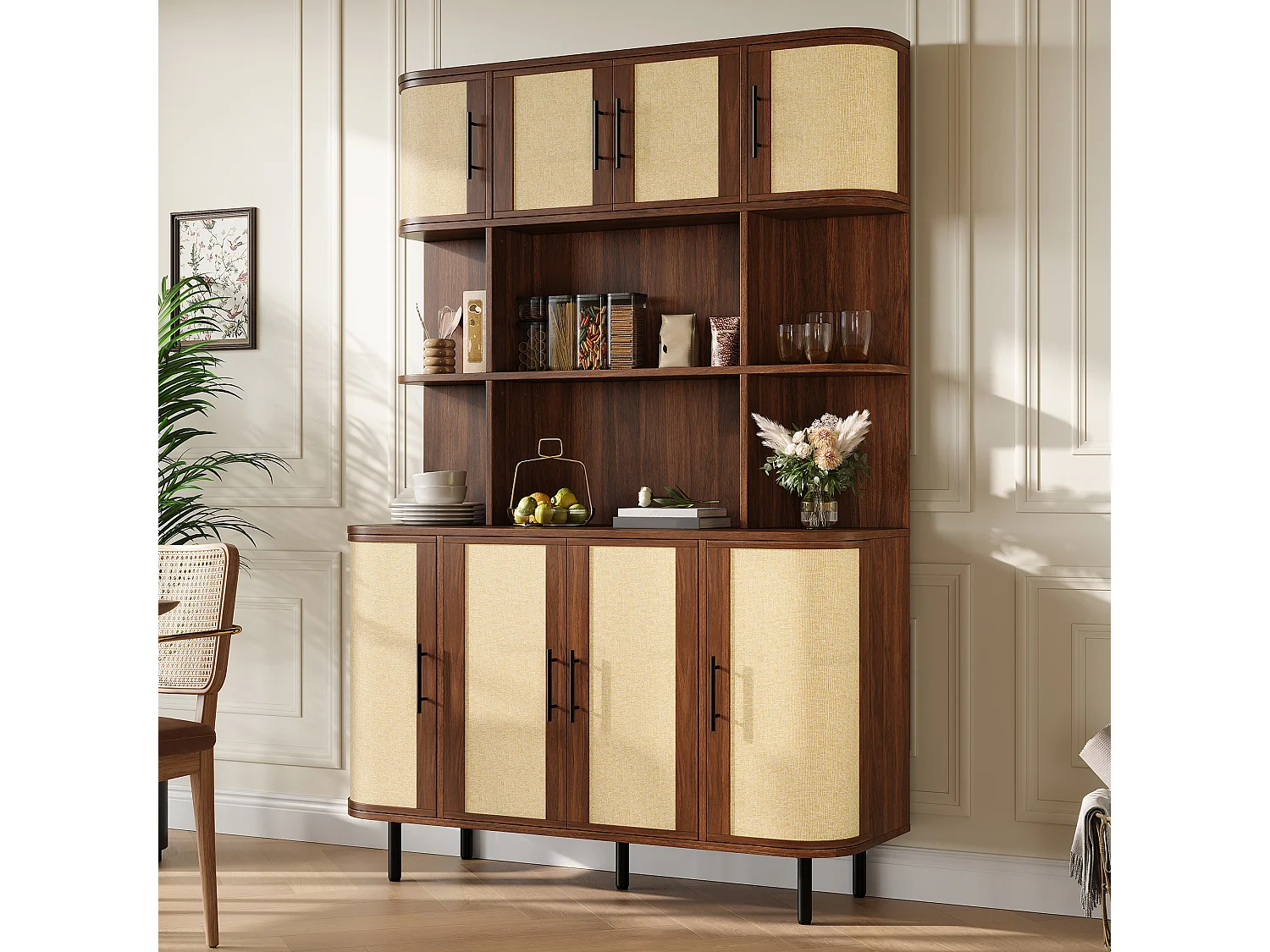 Armoire haute, buffet moderne 120x20x180 cm - 8 portes en osier - Poignées noires et pieds en fer - MDF - Marron
