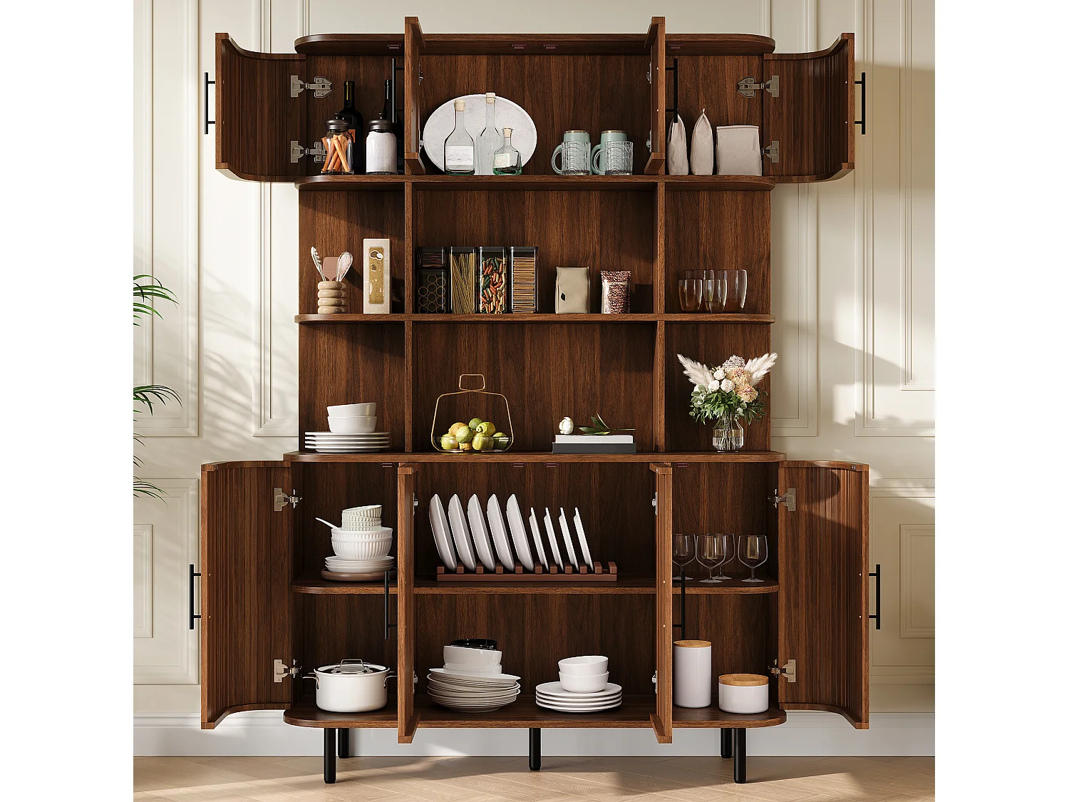 Armoire haute, buffet moderne 120x20x180 cm - 8 portes en osier - Poignées noires et pieds en fer - MDF - Marron