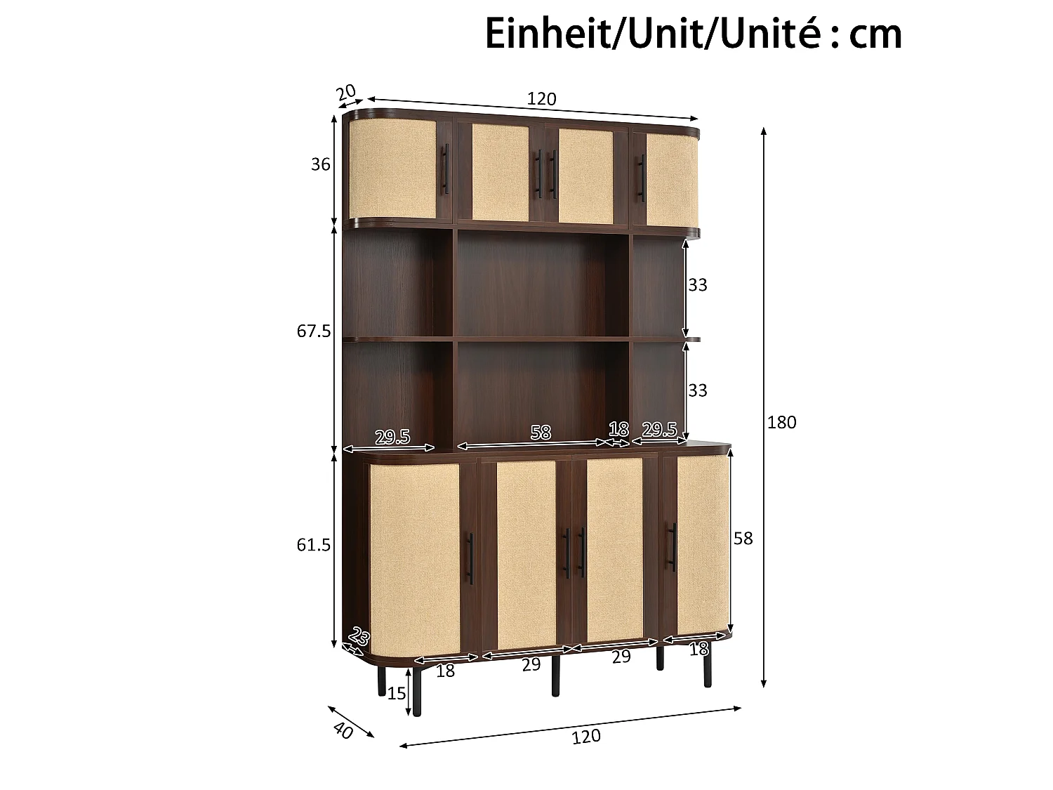 Armoire haute, buffet moderne 120x20x180 cm - 8 portes en osier - Poignées noires et pieds en fer - MDF - Marron