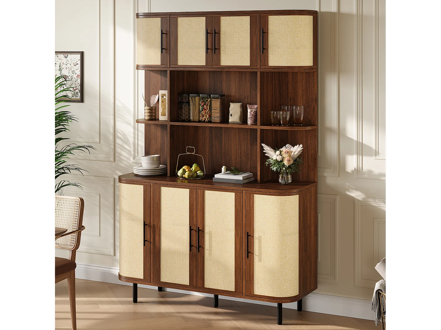 Armoire haute, buffet moderne 120x20x180 cm - 8 portes en osier - Poignées noires et pieds en fer - MDF - Marron