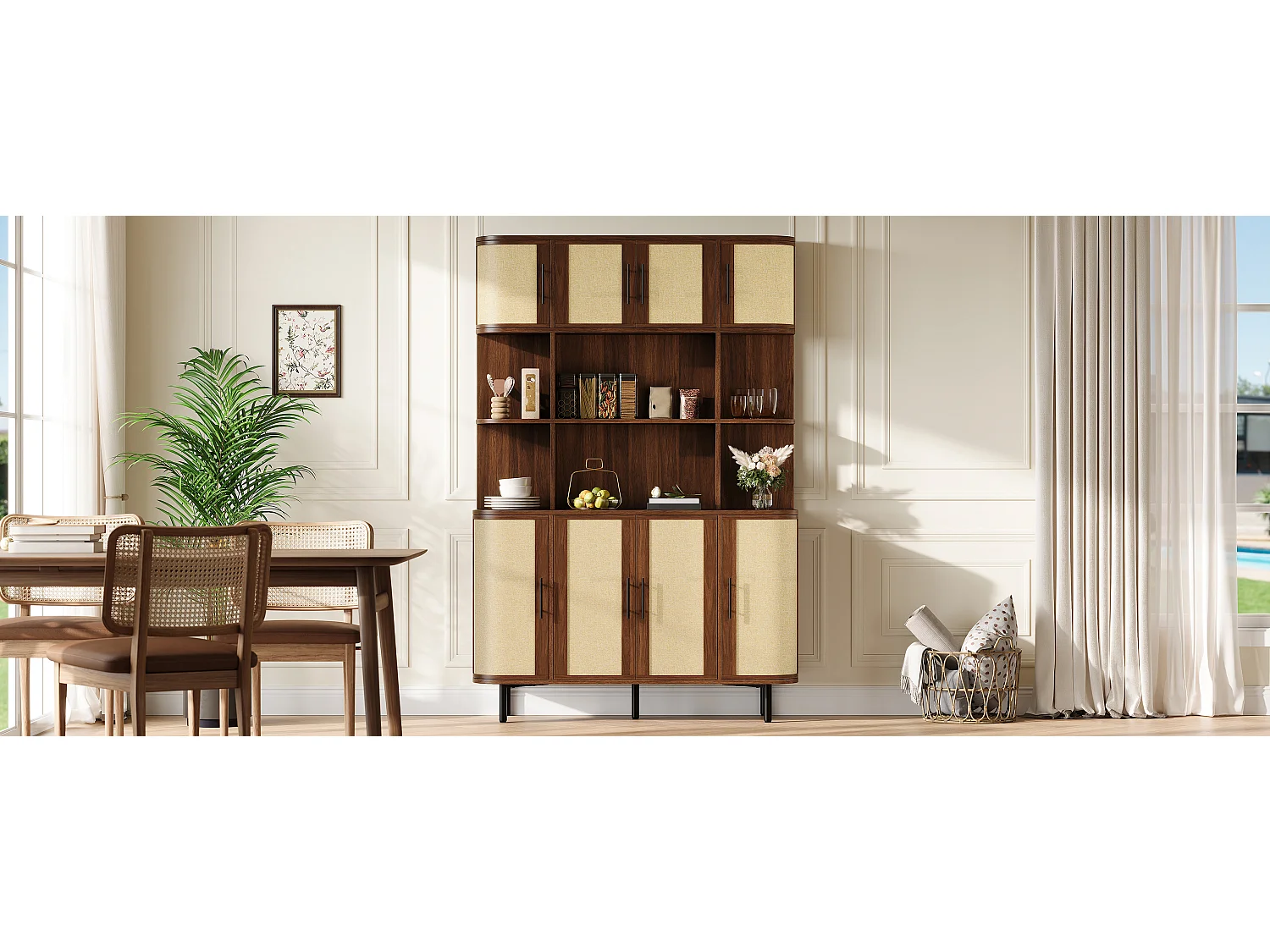 Armoire haute, buffet moderne 120x20x180 cm - 8 portes en osier - Poignées noires et pieds en fer - MDF - Marron
