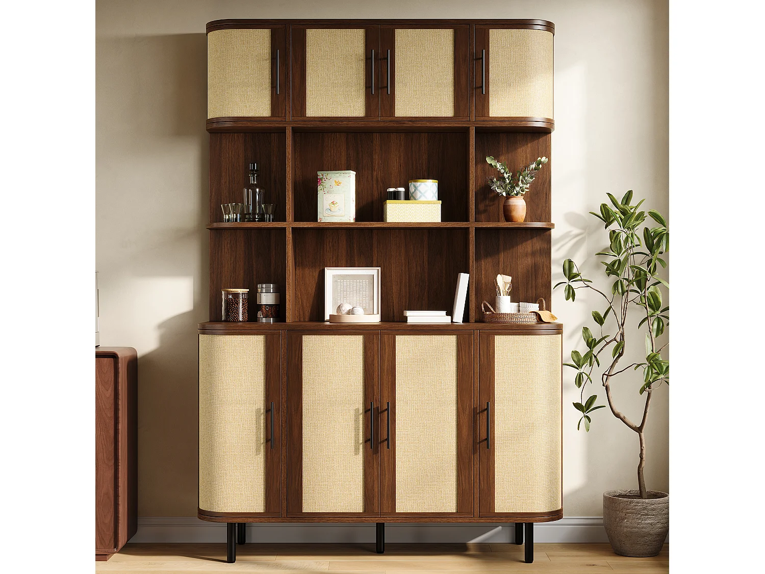 Armoire haute, buffet moderne 120x20x180 cm - 8 portes en osier - Poignées noires et pieds en fer - MDF - Marron