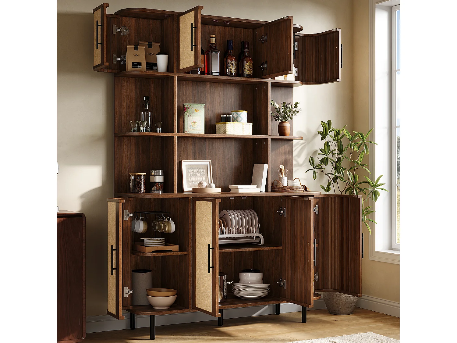 Armoire haute, buffet moderne 120x20x180 cm - 8 portes en osier - Poignées noires et pieds en fer - MDF - Marron