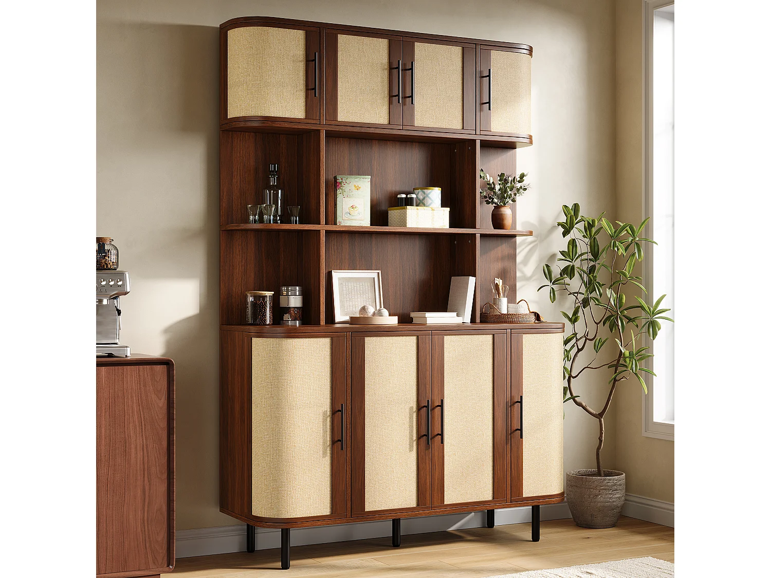 Armoire haute, buffet moderne 120x20x180 cm - 8 portes en osier - Poignées noires et pieds en fer - MDF - Marron