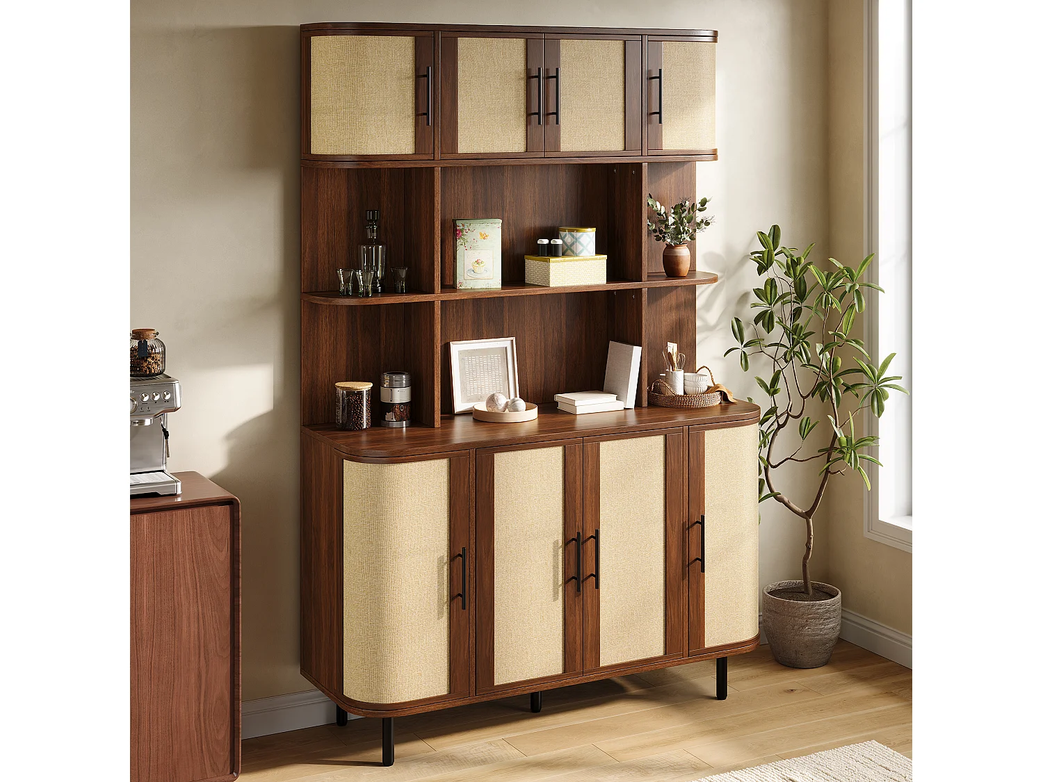 Armoire haute, buffet moderne 120x20x180 cm - 8 portes en osier - Poignées noires et pieds en fer - MDF - Marron
