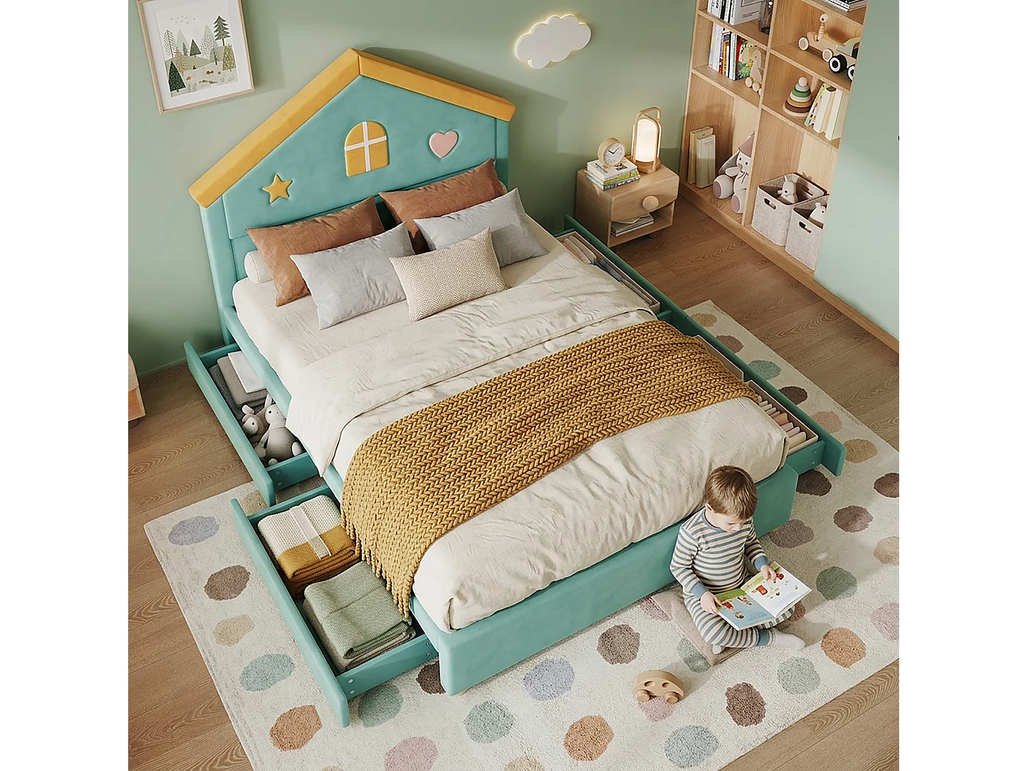 Gepolstertes Kinderbett 140x200cm - mit 4 Schubladen - Kopfteil in Hausform - Samtstoff - blau-grün (ohne Matratze)