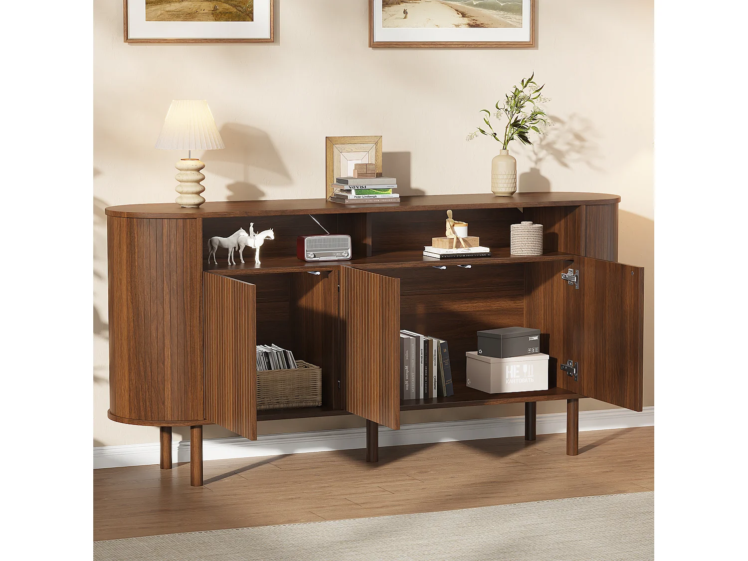 Moderne Anrichte 160x40x78,5 cm - 3 Wellentüren und offene Regale - Füße aus Massivholz - Spanplatten - Braun