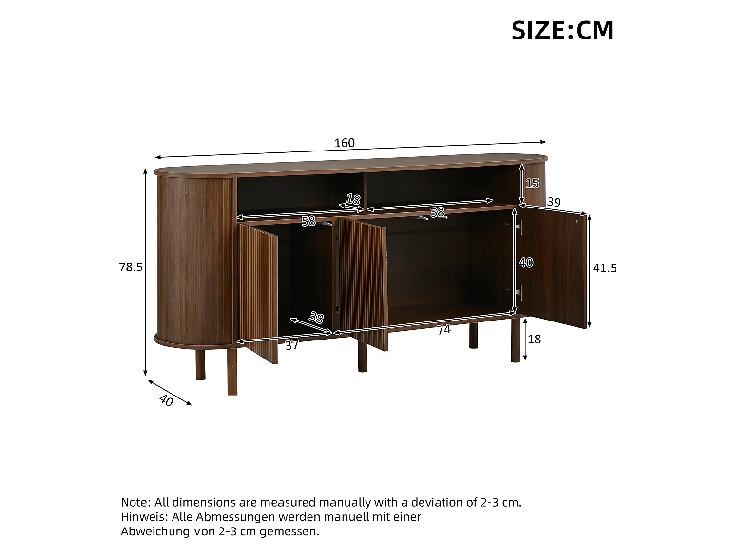 Moderne Anrichte 160x40x78,5 cm - 3 Wellentüren und offene Regale - Füße aus Massivholz - Spanplatten - Braun