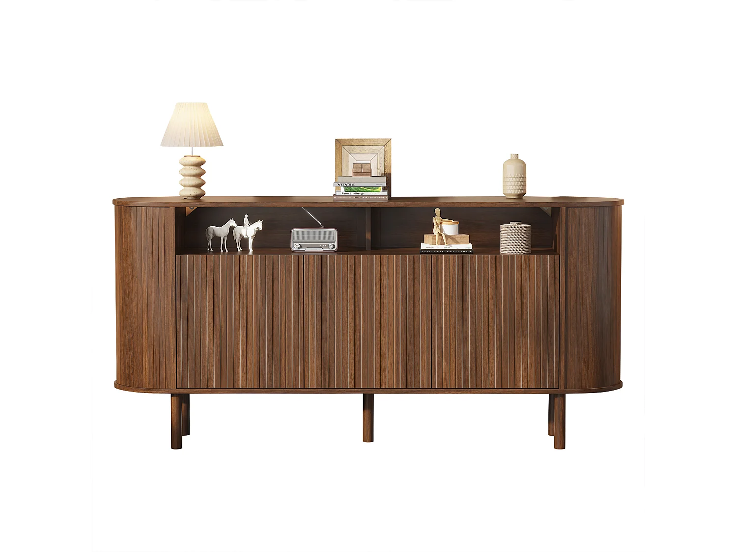 Moderne Anrichte 160x40x78,5 cm - 3 Wellentüren und offene Regale - Füße aus Massivholz - Spanplatten - Braun