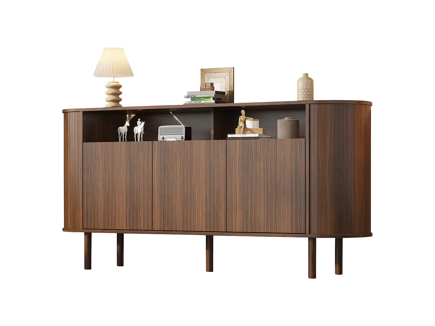 Moderne Anrichte 160x40x78,5 cm - 3 Wellentüren und offene Regale - Füße aus Massivholz - Spanplatten - Braun