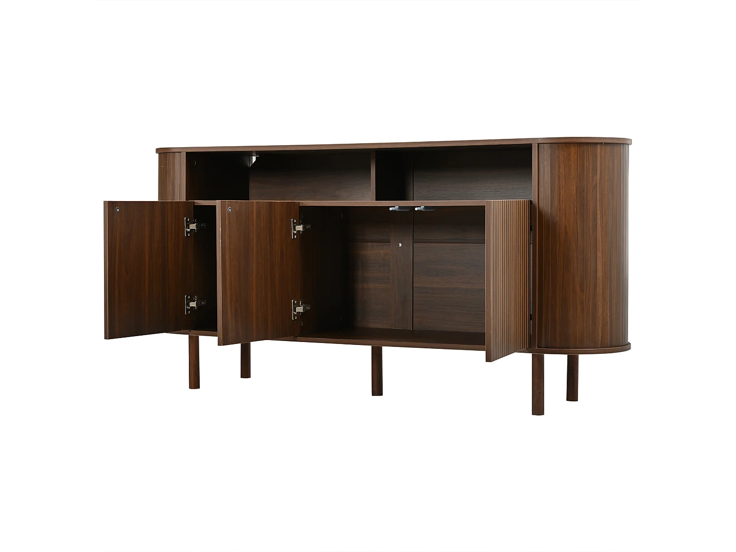 Moderne Anrichte 160x40x78,5 cm - 3 Wellentüren und offene Regale - Füße aus Massivholz - Spanplatten - Braun