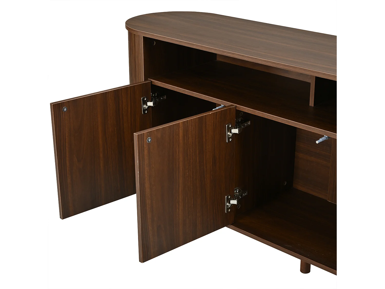 Moderne Anrichte 160x40x78,5 cm - 3 Wellentüren und offene Regale - Füße aus Massivholz - Spanplatten - Braun