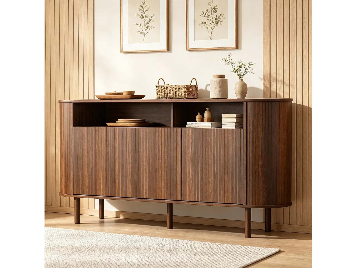 Moderne Anrichte 160x40x78,5 cm - 3 Wellentüren und offene Regale - Füße aus Massivholz - Spanplatten - Braun