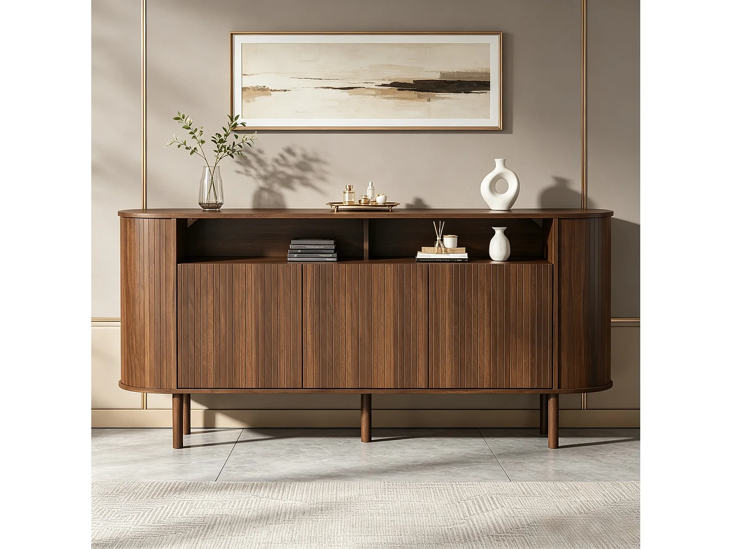 Moderne Anrichte 160x40x78,5 cm - 3 Wellentüren und offene Regale - Füße aus Massivholz - Spanplatten - Braun