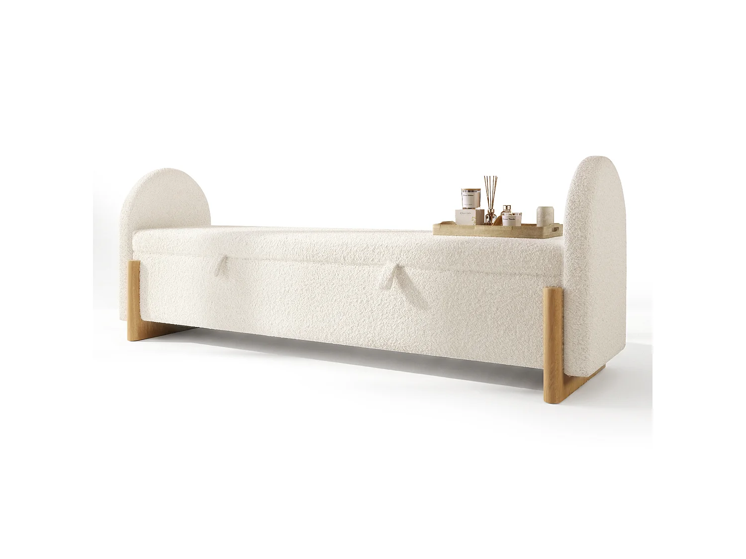 Banc coffre rembourré 166x47x61cm - pieds en bois en forme de U - chenille bouclé + bois massif + MDF - Blanc