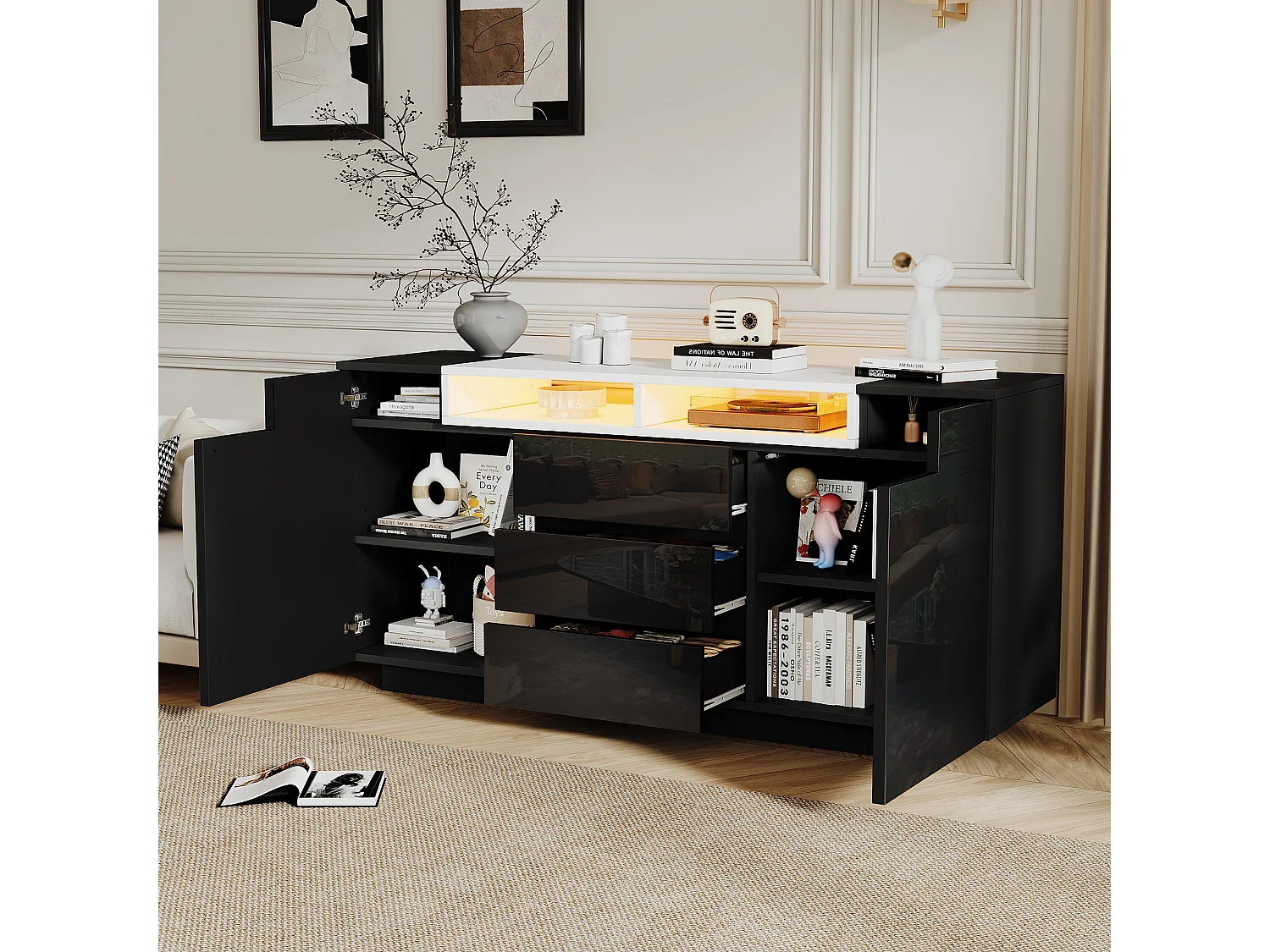 Buffet brillant 140x60x48 cm - avec 2 portes en forme de L et 3 tiroirs - Avec éclairage LED - Étagères réglables - Noir