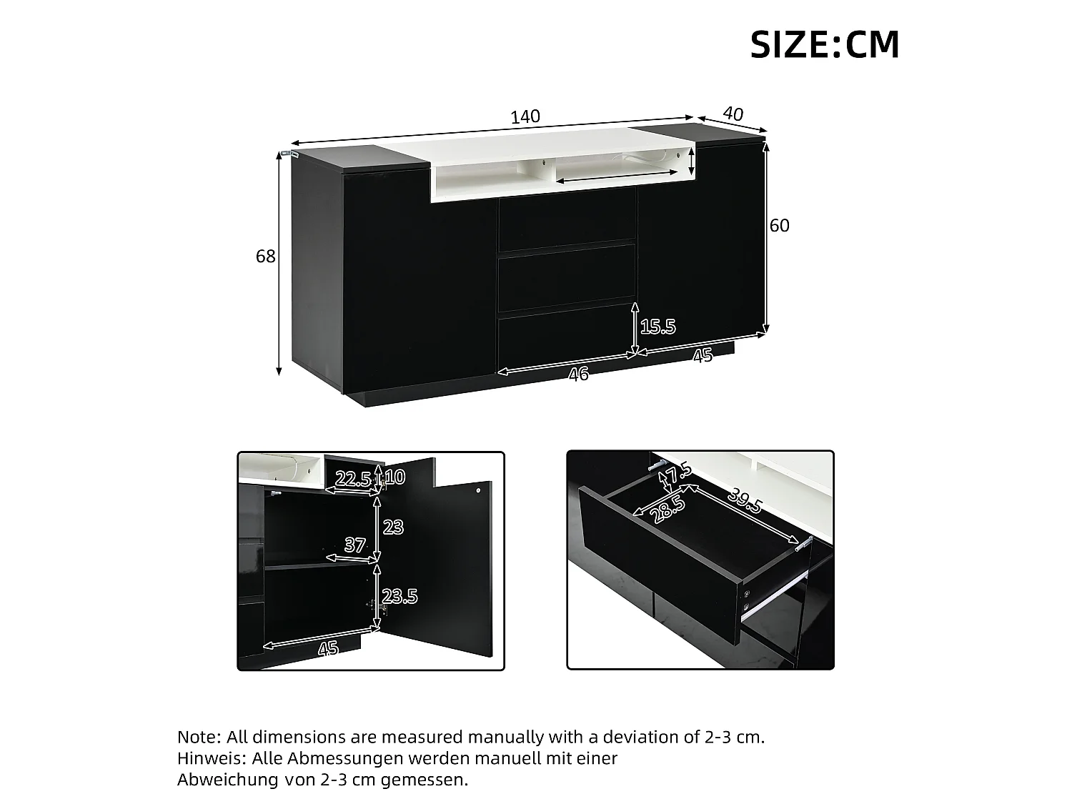 Buffet brillant 140x60x48 cm - avec 2 portes en forme de L et 3 tiroirs - Avec éclairage LED - Étagères réglables - Noir