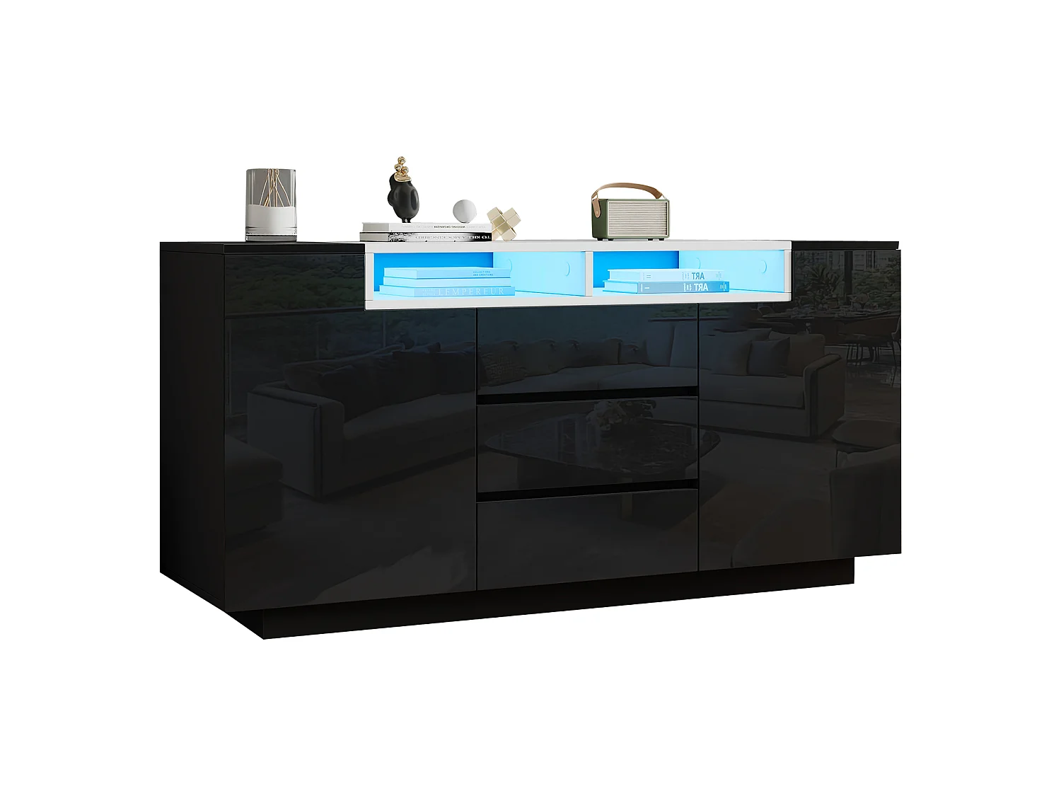 Buffet brillant 140x60x48 cm - avec 2 portes en forme de L et 3 tiroirs - Avec éclairage LED - Étagères réglables - Noir