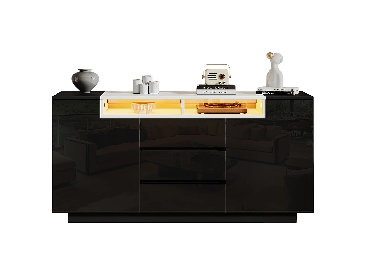 Buffet brillant 140x60x48 cm - avec 2 portes en forme de L et 3 tiroirs - Avec éclairage LED - Étagères réglables - Noir