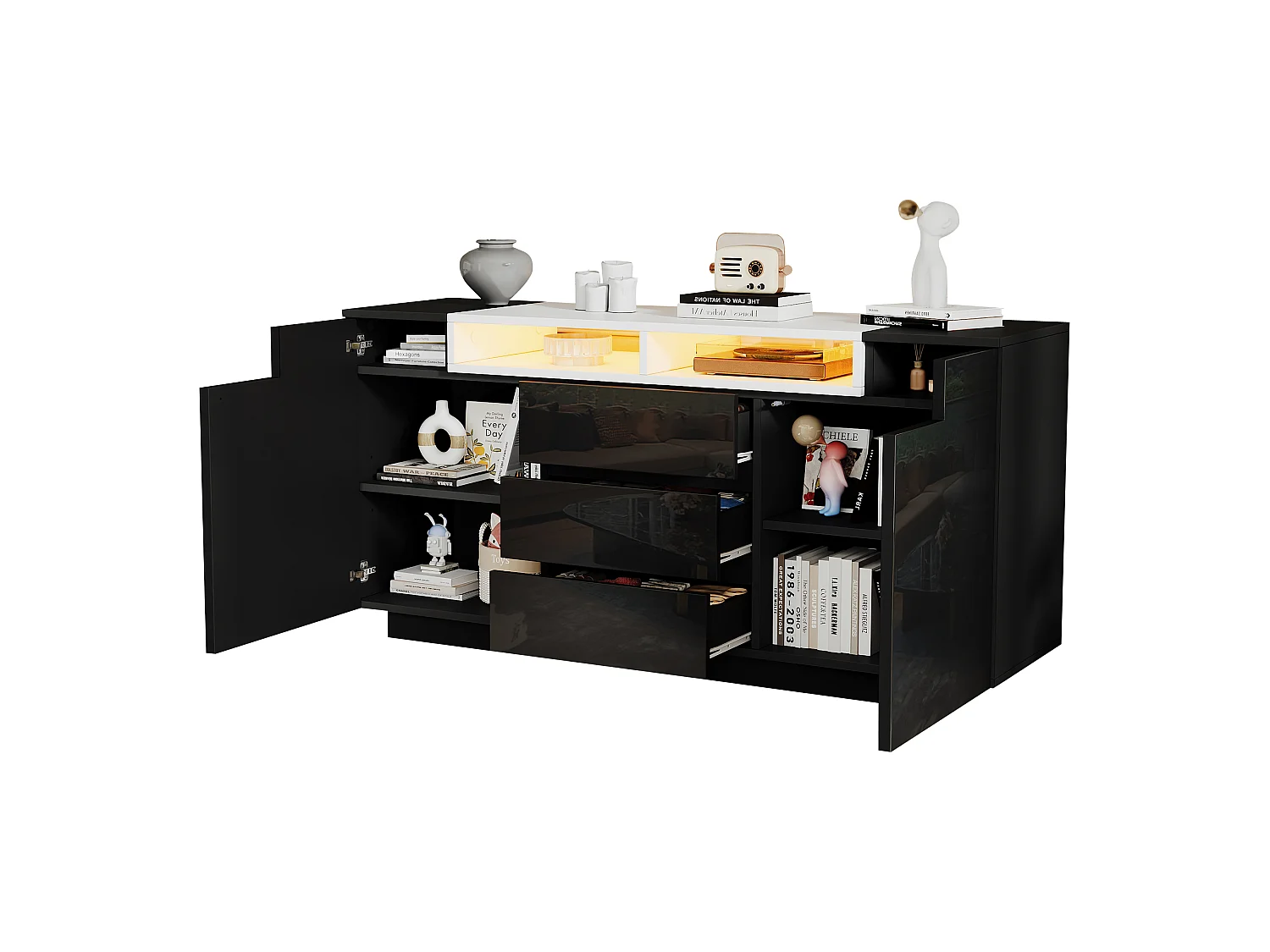 Buffet brillant 140x60x48 cm - avec 2 portes en forme de L et 3 tiroirs - Avec éclairage LED - Étagères réglables - Noir