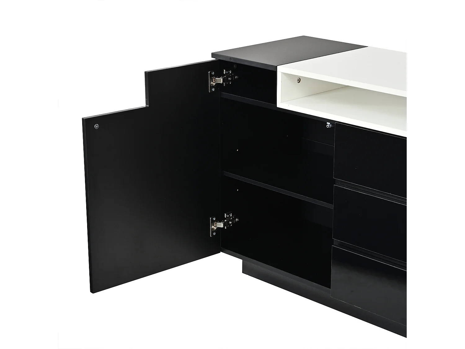 Buffet brillant 140x60x48 cm - avec 2 portes en forme de L et 3 tiroirs - Avec éclairage LED - Étagères réglables - Noir