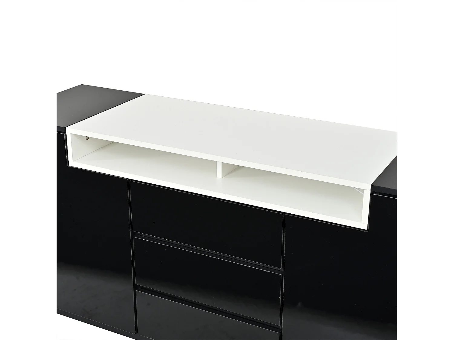 Buffet brillant 140x60x48 cm - avec 2 portes en forme de L et 3 tiroirs - Avec éclairage LED - Étagères réglables - Noir